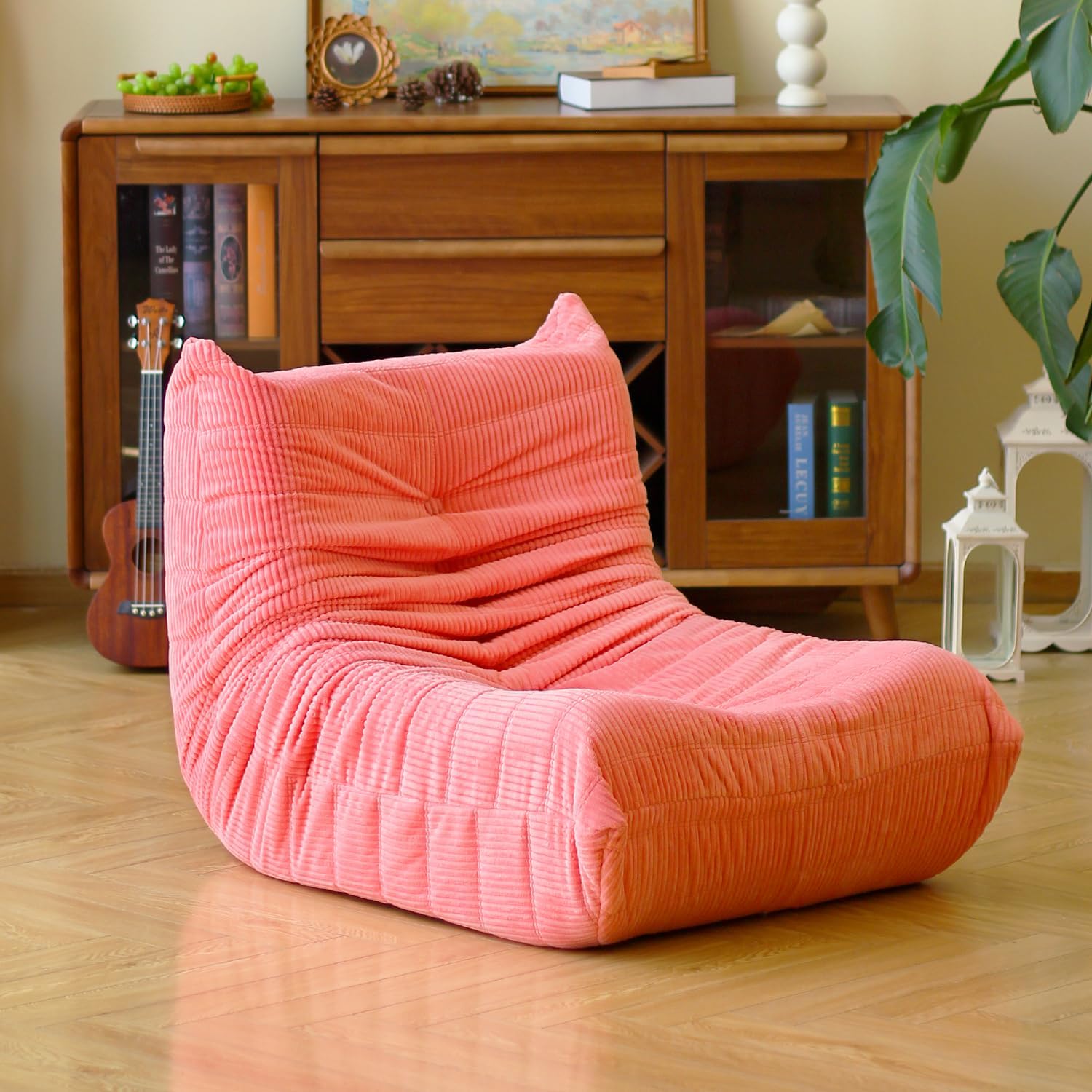 N&V Fireside Floor Sofa- Mid-Century Modern Armless Lounge Chair with Premium Soft Corduroy Fabric, Plush Foam Cushion Accent Chair for Living Room, Bedroom & Office (Khaki)(Salmon)