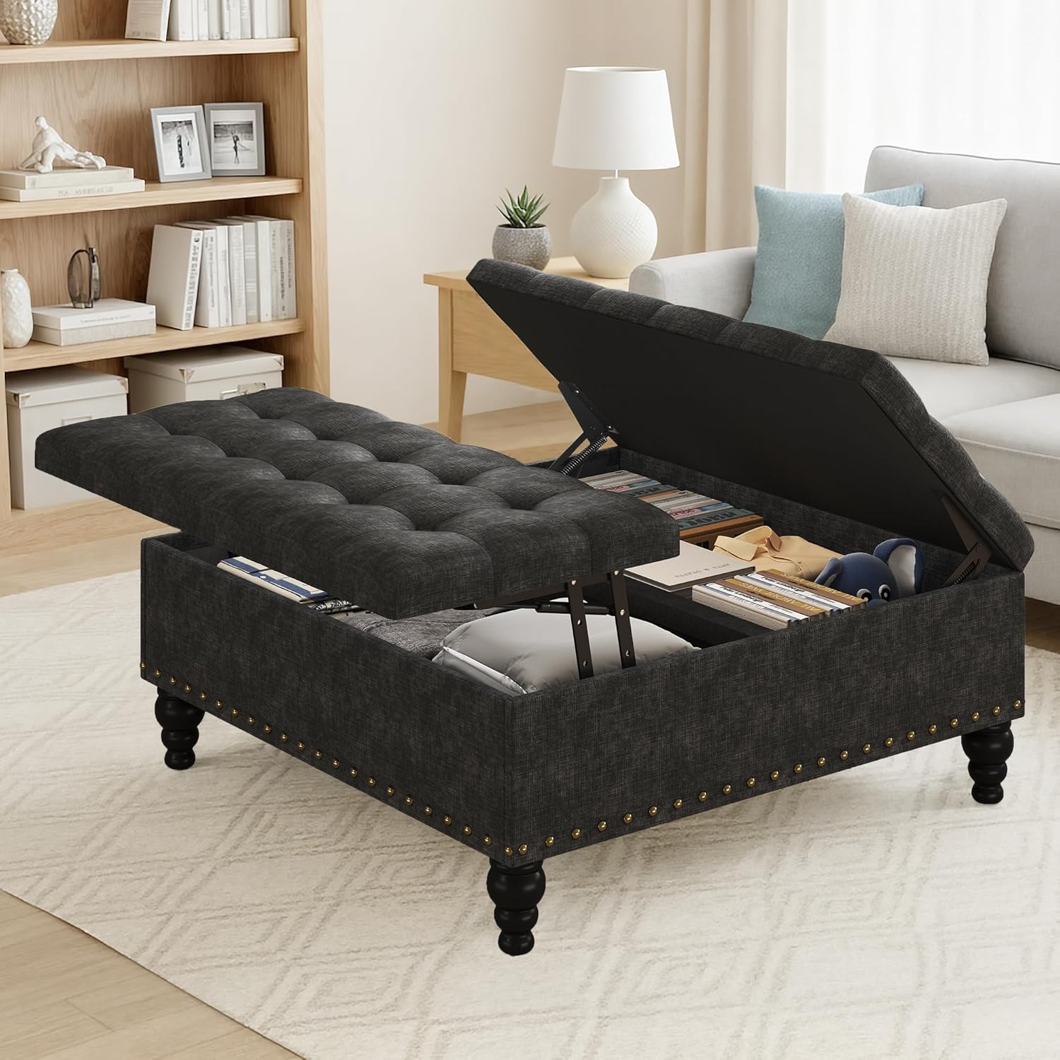 Multi-Functional Storage Ottoman Coffee Table and Bench, Chenille Footrest with Divided Interior, Easy to Assemble, for Living Room, Balcony, Bedroom Fits Sofa Sets, Fabric/Gray(Fabric/Black)