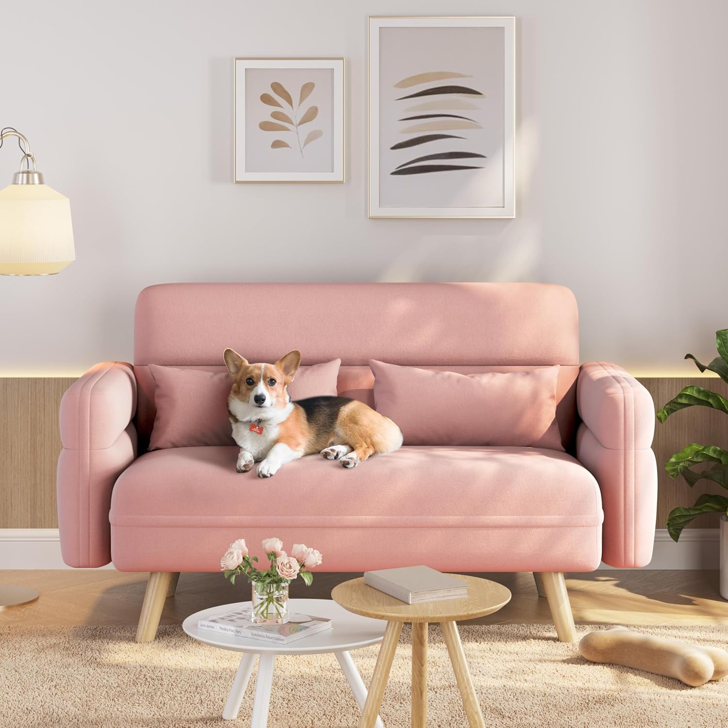 Yaheetech 46" Small Modern Fabric Sofa Loveseat Mid Century 2 Seater Sofa Couch with Lumbar Pillows, Solid Wood Legs for Living Room, Small Space, Dorm, Office, Bedroom, Pink $133.33